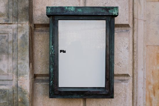 Vintage metal display case on a stone wall. Suitable for mockups, showcasing posters, artwork, or advertisements. Ideal asset for graphic designers, templates.