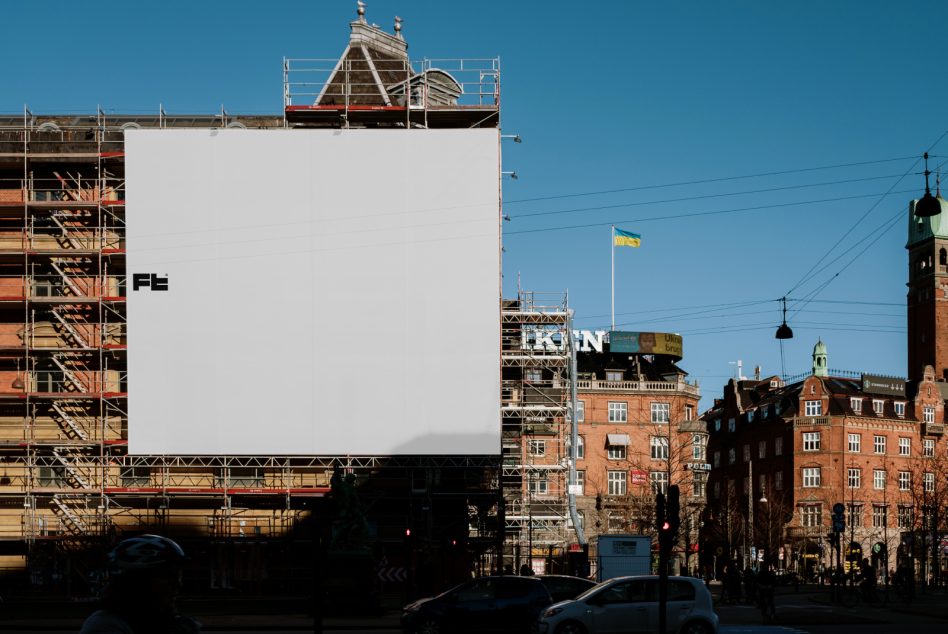 Urban billboard mockup blank template scaffolding construction site city skyline architecture blue sky designers digital assets marketplace realistic