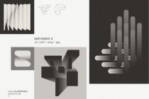 Greydient.3 mockup featuring fanned pages, abstract 3D blocks, cylindrical forms with gradients