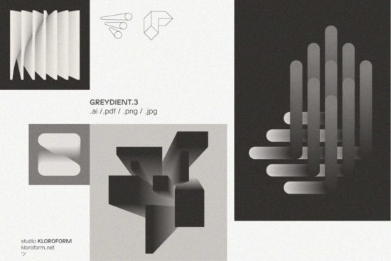 Abstract grayscale gradients and geometric shapes in multiple formats including AI, PDF, PNG, JPG. Ideal for designers seeking minimalist graphics resources.