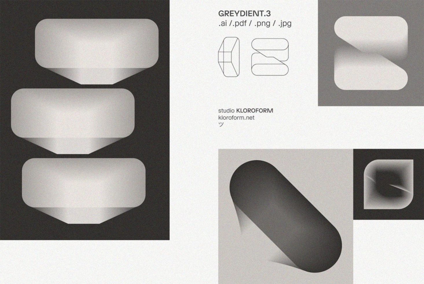 Set of abstract geometric shapes in grayscale by studio KLOROFORM available in .ai, .pdf, .png, .jpg formats. Ideal for templates, mockups, and graphic design.