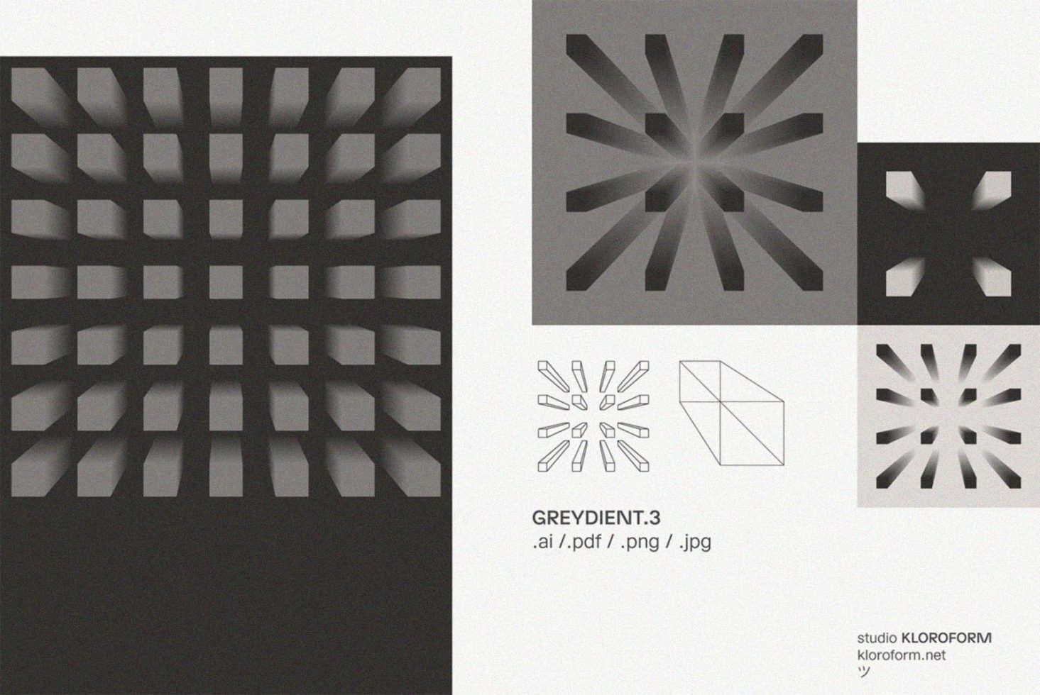 Geometric gradient illustrations set in grayscale available in .ai, .pdf, .png, .jpg formats for use in mockups, templates, graphics from Greydient 3.