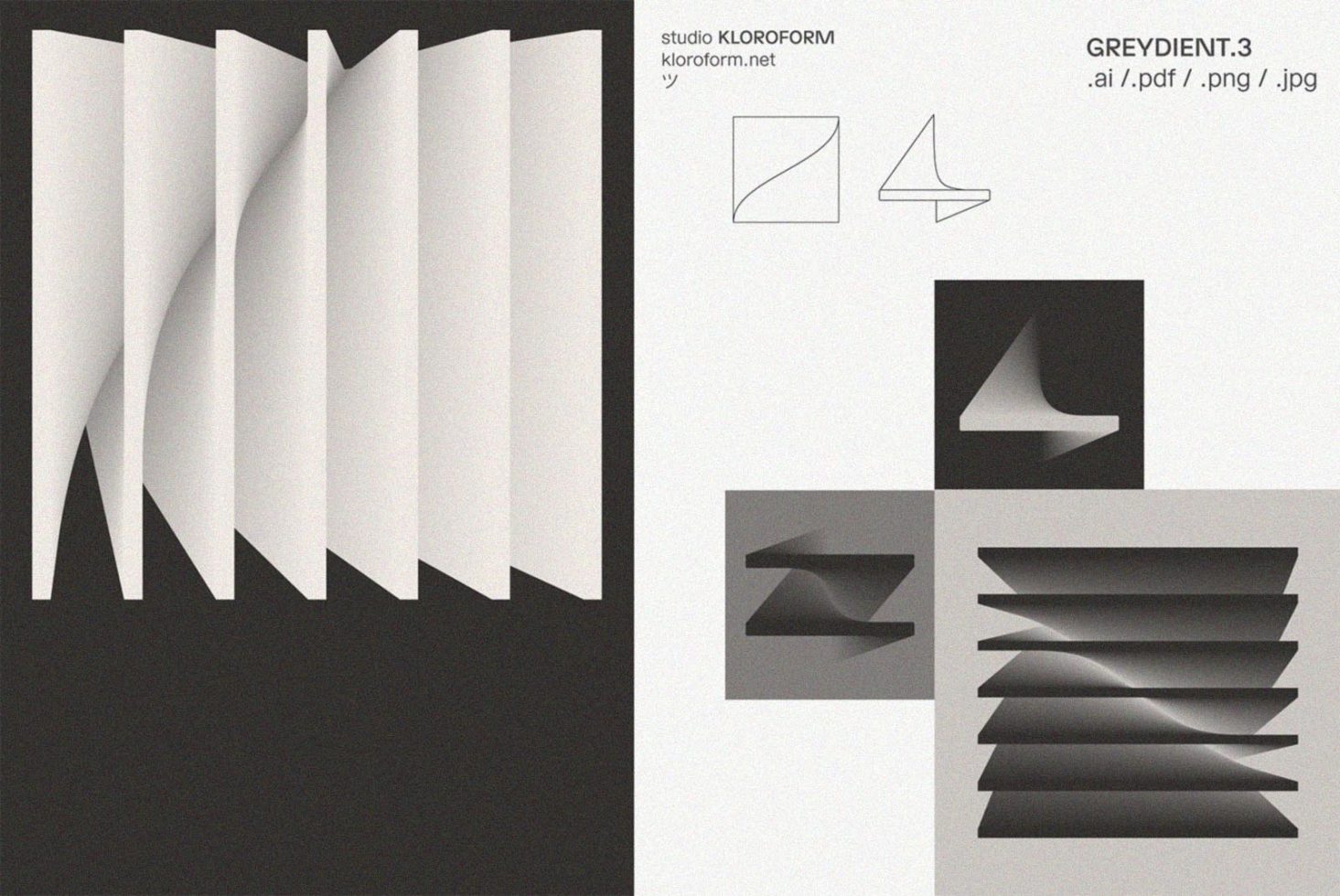 Folded paper abstract gradient design pack in black, white, and grey tones. Includes AI, PDF, PNG, JPG formats. Ideal for designers, graphics, mockups.