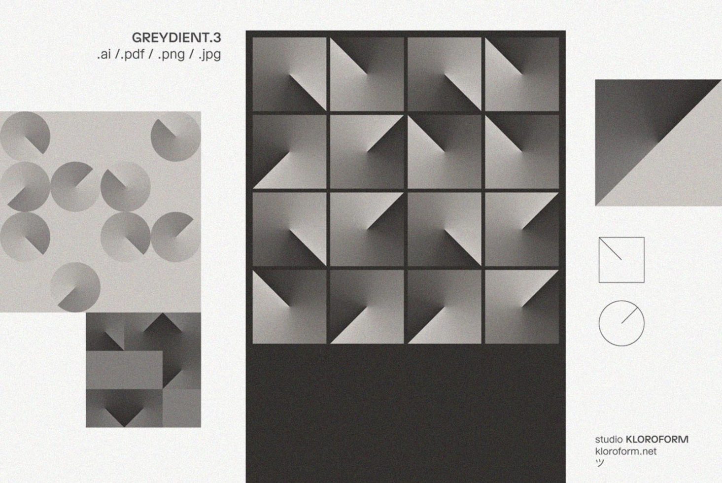 Geometric design mockup with gradients. Includes various shapes in AI, PDF, PNG, JPG formats. Perfect for graphic designers. Studio Klorofom. Grey palette.