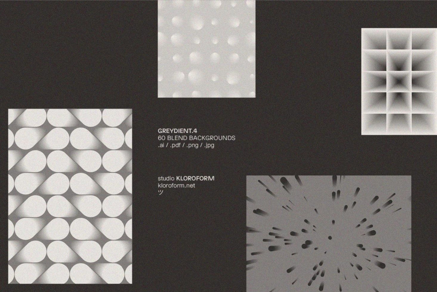 Set of 60 blend backgrounds featuring abstract geometric shapes in grayscale. Ideal for use in graphic design, templates, mockups. Includes AI, PDF, PNG, JPG.