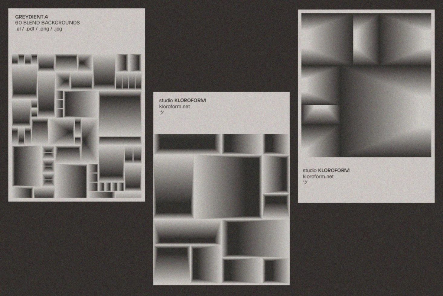 Grey gradient geometric blend backgrounds. Set of 60 templates for graphic designers. Available in AI, PDF, PNG, and JPG formats. Studio KLOROFORM.