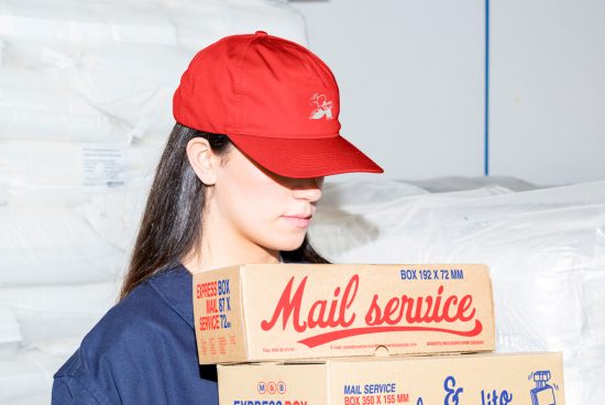 Person wearing red hat carrying mail service boxes in a warehouse mockup packaging design asset suitable for designers templates graphics mockups SEO.