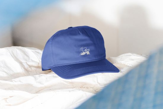 Blue baseball cap with white logo displayed on textured white fabric background cap mockup. Ideal for branding and apparel design presentations.