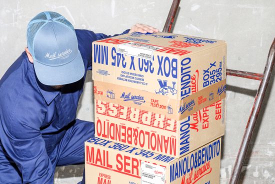 Mockup of cardboard boxes with colorful branding labeled "Mail Service" in blue and red, held by a person in a blue uniform and cap, ideal for designers.