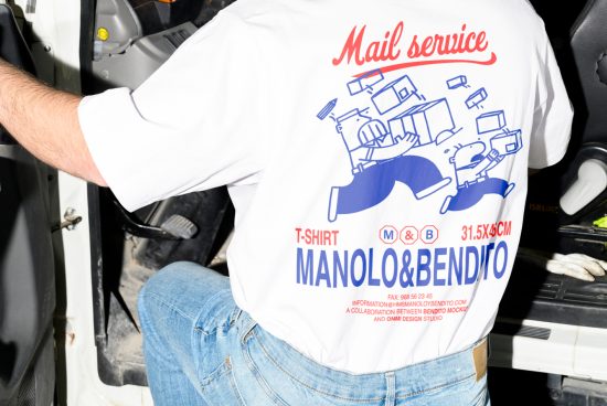 Man wearing a white T-shirt with colorful mail service illustration and brand text Manolo&Bendito; designer apparel, graphics, branding, mockup, fashion design