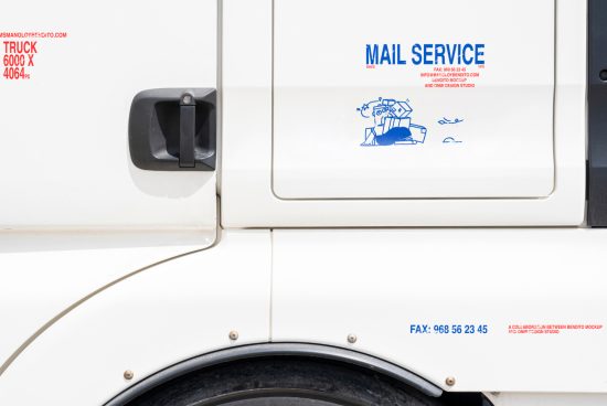 White delivery truck door with a Mail Service logo, black handle, and blue text. Perfect for vehicle branding mockups, signage design, and advertising templates.