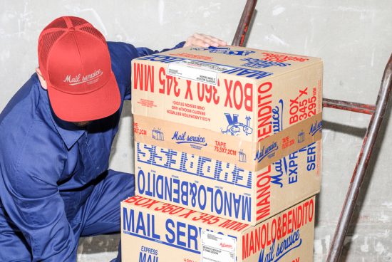Delivery worker in blue coveralls and red hat handling cardboard boxes with branding. Ideal for packaging mockup, graphic design projects, and product templates.