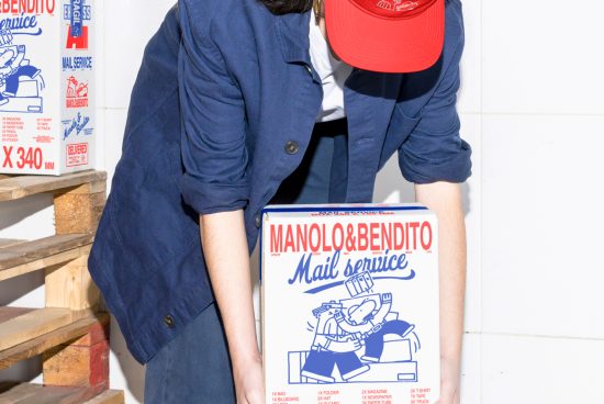Designer holding Manolo & Bendito branded packaging box in a warehouse setting with stacked boxes on wooden pallets in the background. Mockups, Templates.