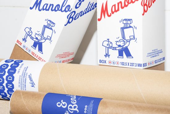 Packaging mockup featuring detailed Manolo Bendito graphics with blue and red typography on white background. Ideal for designers seeking creative mockup assets.