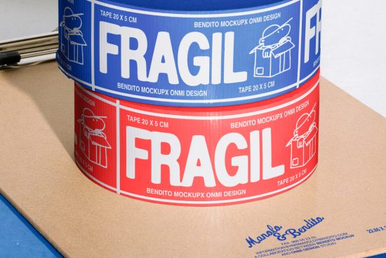 Mockup of blue and red fragile tape rolls on a cardboard sheet. Ideal for designers creating packaging mockups or graphic design projects. SEO keywords: mockup, packaging, fragile tape