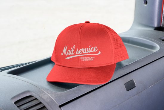 Red trucker cap mockup with Mail Service text, displayed on a vehicle dashboard. Perfect for branding, apparel mockups, and templates for designers.