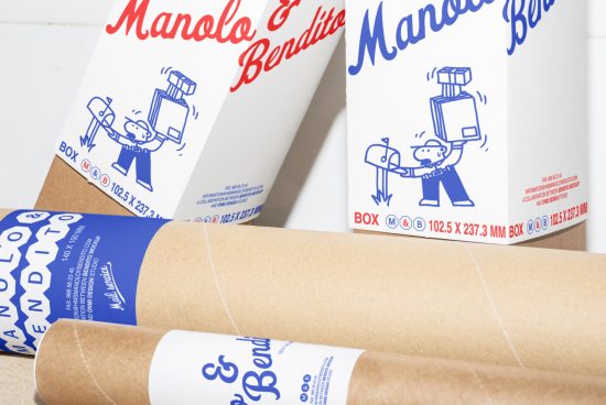 Packaging mockup featuring cylindrical and box-shaped containers labeled Manolo & Bendito with blue and red typography and illustrations. Ideal for designers.