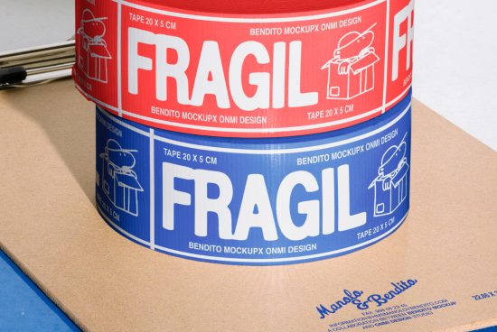 Stack of red and blue Fragile tape on a cardboard surface. Mockup design for packaging, labeling, branding. Keywords: Mockup, Packaging, Branding, Design.