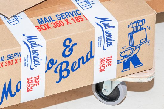 Cardboard box mockup with custom mail service tape, featuring a cute delivery character illustration. Perfect for packaging designs, branding, and logistics graphics