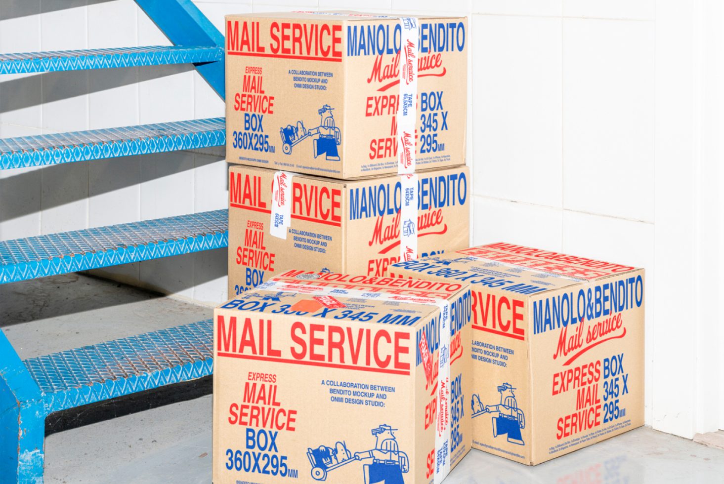 Stacked mail service boxes next to blue metal stairs. Product packaging mockup suitable for shipping, delivery services, e-commerce, and retail design projects.