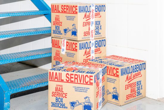 Stacked mail service boxes next to blue metal stairs. Product packaging mockup suitable for shipping, delivery services, e-commerce, and retail design projects.