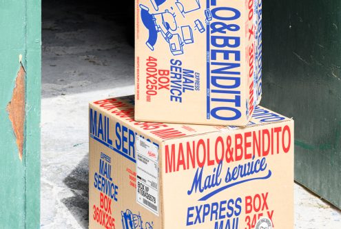 Two cardboard boxes labeled MANOLO & BENDITO Mail Service, one on top of the other, ideal for packaging mockups, templates, or graphics for designers.