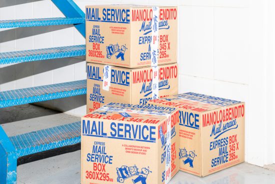 Cardboard boxes with blue and red print labeled Mail Service stacked by blue stairs. Ideal for mockup designs and package delivery graphic templates.
