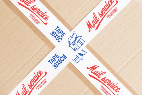 Mockup of Mail service packaging tape with red text and blue illustration on a cardboard box. Ideal for designers in graphics, branding, and packaging templates.