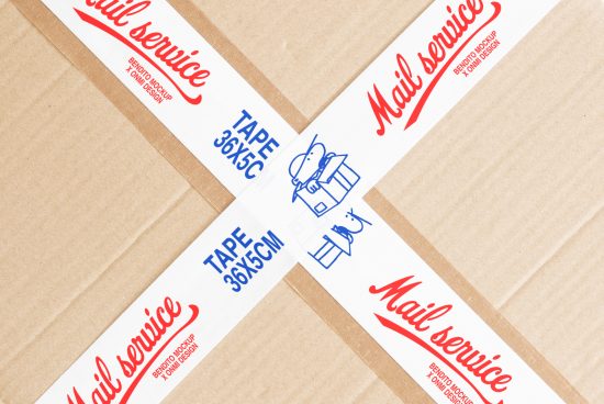 Mockup of Mail service packaging tape with red text and blue illustration on a cardboard box. Ideal for designers in graphics, branding, and packaging templates.