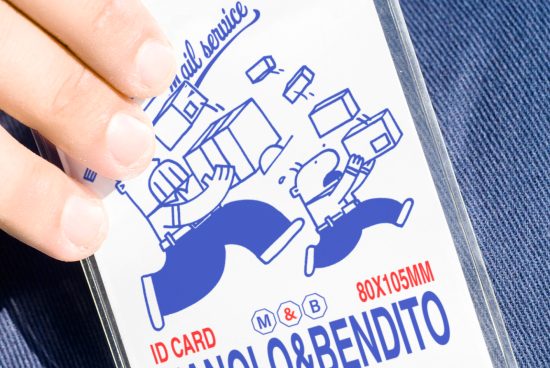 Close-up of a hand holding an ID card design for mockup featuring blue and white mail service graphics. Ideal for designers in mockups and templates categories.