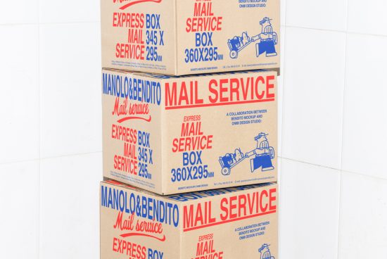 Stack of cardboard mail service boxes labeled Manolo Bendito Express Box Mail Service. Suitable as a mockup template for designers creating packaging graphics.