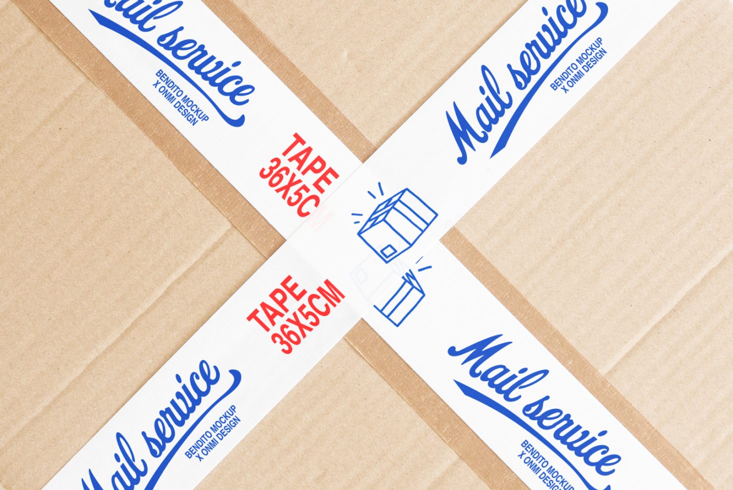 Cardboard box with white tape crossing center; text Mail Service in blue, Tape 36x5cm in red. Ideal for mockups, packaging design, and branding templates.