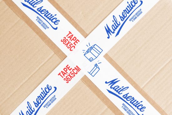 Cardboard box with white tape crossing center; text Mail Service in blue, Tape 36x5cm in red. Ideal for mockups, packaging design, and branding templates.