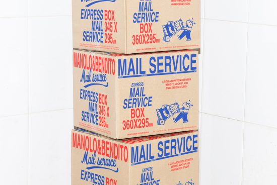 Stack of three cardboard boxes with vibrant blue and red text reading Mail Service Express Box ideal for packaging mockup templates for designers.