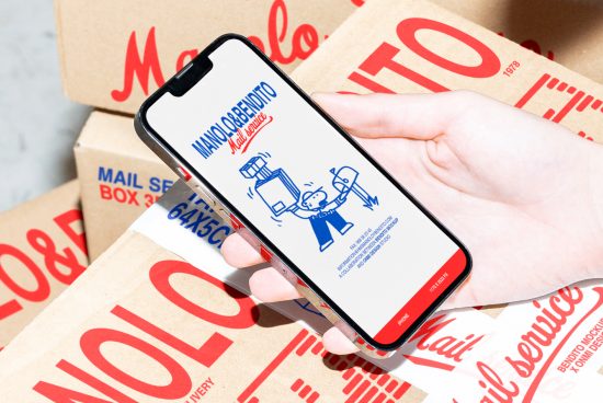 Hand holding smartphone displaying mail service app over mail-themed packaging. Keywords: smartphone, mail, service, packaging, mockup, digital asset.