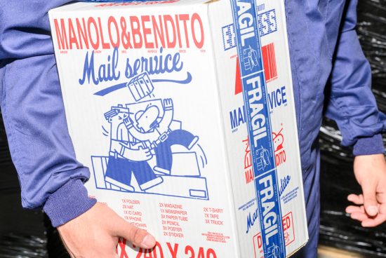 Man holding a branded cardboard box with playful illustrations and text, featuring Manolo and Bendito Mail Service, suitable for package design mockups.