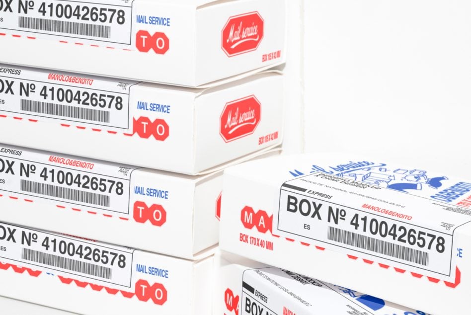 Stacked shipping boxes with red mail service labels, barcode stickers, dashed lines