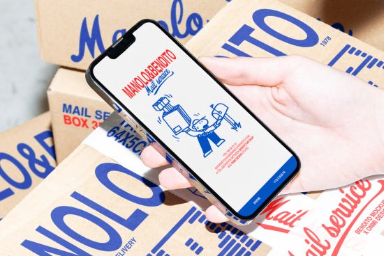 Hand holding iPhone displaying mail service graphic with cardboard boxes in the background. Digital assets, mockup, templates, design, packaging, smartphone
