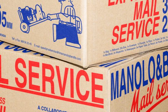 Cardboard boxes with red and blue mail service graphics and text. Keywords: graphics, packaging design, templates, mail service, creative assets.