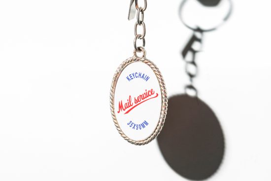 Keychain mockup with mail service text in an oval metallic frame, ideal for product design previews. Keywords: mockup, keychain, design, template.