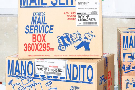 Cardboard box mockup featuring postal express mail service delivery labels and cartoon illustrations perfect for packaging design presentations.