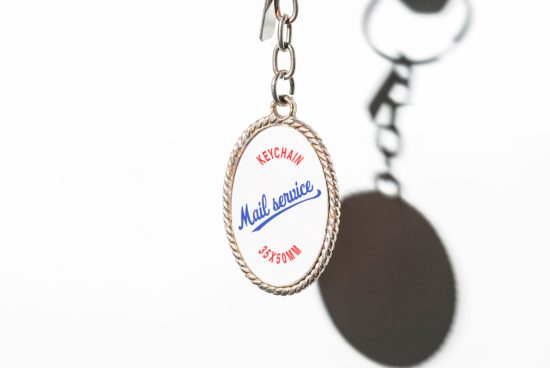 Close-up of a circular keychain mockup with a white background, showing customizable text Mail service Keychain 35x50MM. Ideal for graphic design projects.