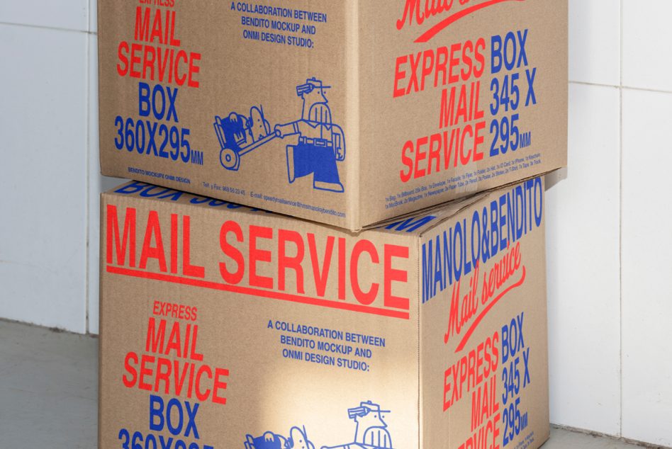 Stacked cardboard mail service boxes with red text, blue text, vintage postman character graphic