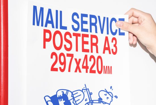 Hand holding an A3 poster with text Mail Service Poster A3 297x420mm in red and blue font. Ideal for mockups templates graphic design designers.