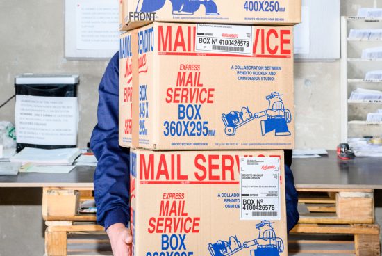 Person holding three stacked shipping boxes with Mail Service text in a postal office, template mockup, logistics, express delivery, packaging design.