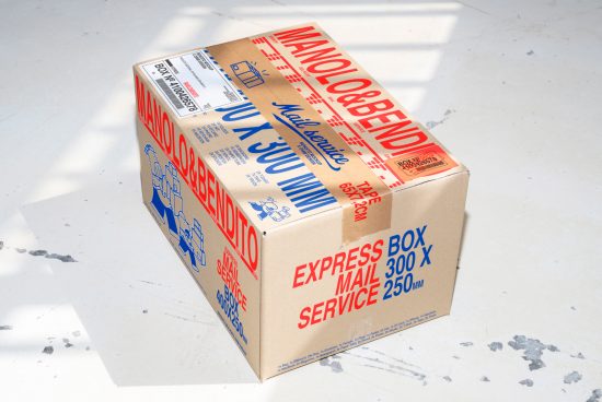 Cardboard shipping box with bold red and blue typography, express mail service, minimalist design graphics, mockup template for packaging designers.