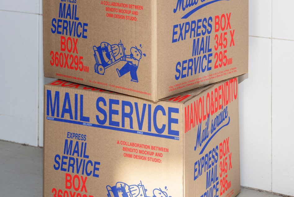 Stacked cardboard mail service boxes with blue text, red text, retro delivery character illustration