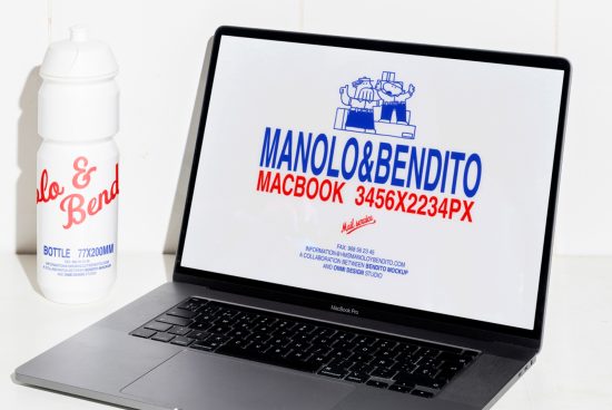 Mockup image showing a MacBook Pro displaying Manolo&Bendito graphics alongside a branded water bottle, suitable for designers and digital asset creators.