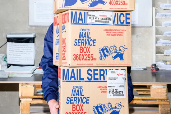 High-quality mockup featuring a person holding three stacked mail service boxes in a postal setting ideal for graphic designers looking for realistic packaging templates.