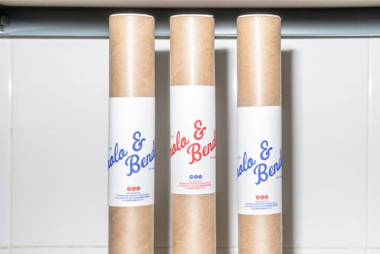 Three brown cardboard tubes with white labels featuring blue and red text displayed vertically on a shelf. Ideal as mockup packaging templates for designers.